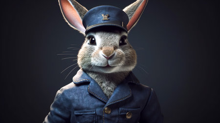 Cartoon character hare in uniform on a dark background.の素材
