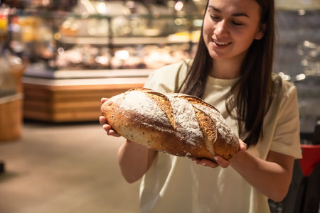 Loaf of bread in female hands in a supermarket.