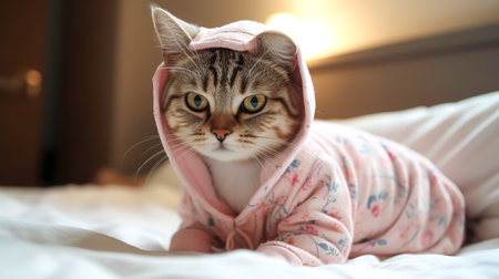 Domestic cat in a cute pink suit in bed.の素材