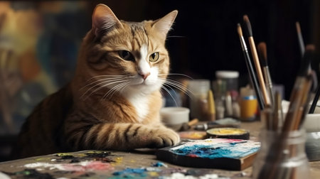 Cat in the workshop with paints and brushes, drawing concept.の素材