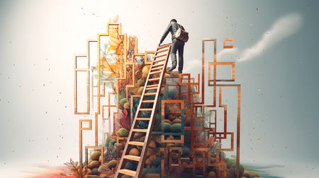 Rear view of a businessman ascending a staircase, concept of success and career growth.の素材