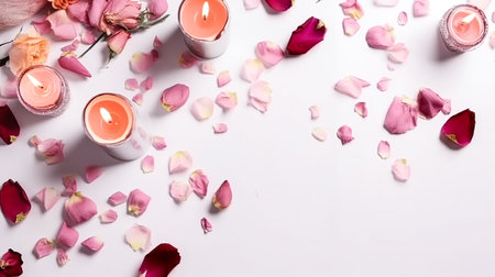 Rose petals and candles on a white background, top view, copy space.の素材