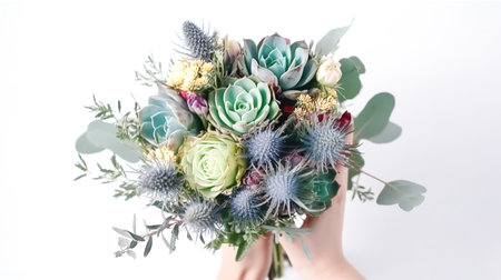 Floral composition with dried flowers and succulents in female hands on a white background.の素材