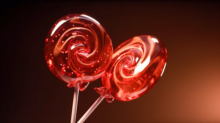 Appetizing caramel red lollipops on a dark background, close-up.の素材
