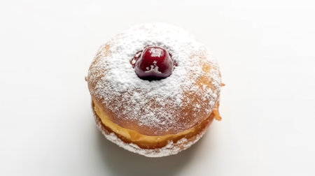 Fresh donut with red jelly jam and fresh cherries isolated on a white background.の素材