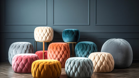 A set of colored ottomans in the interior, custom-made furniture.の素材
