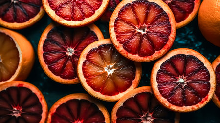 Beautiful background made of blood orange slices, top view.の素材