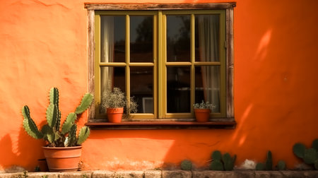 Orange wall with a window and cacti, facade of an old house.の素材