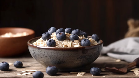 Oatmeal with blueberries in ceramic bowl on wooden background for breakfast, rustic style.の素材