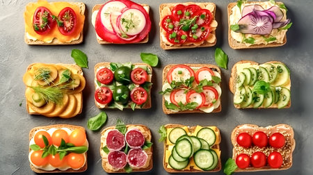 Various bruschettas on a textured surface, top view.の素材