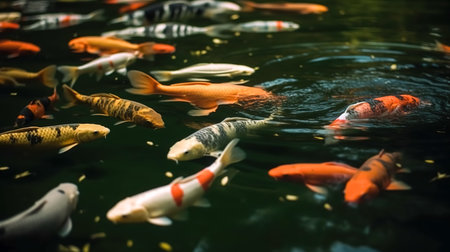 Colorful decorative fish swim in an artificial pond.の素材