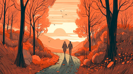 Landscape illustration with two characters, couple exploring autumn forest, greeting card design template.の素材