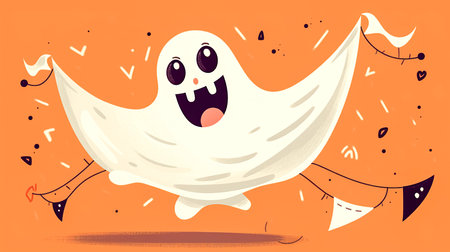 White ghost on orange background, postcard design.の素材