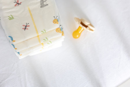 Baby pacifier and diapers in the crib, close-up.の写真素材
