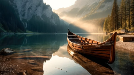 Calm scenic picture of small fishing boat on a river in mountains on a hazy sunrise.の素材
