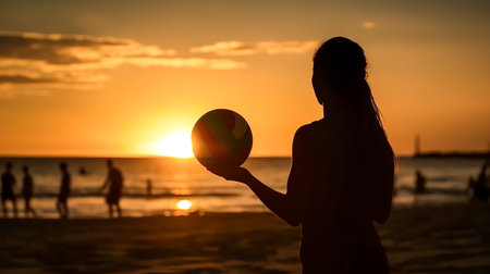 Silhouette woman with volleyball on the beach at sunset.の素材