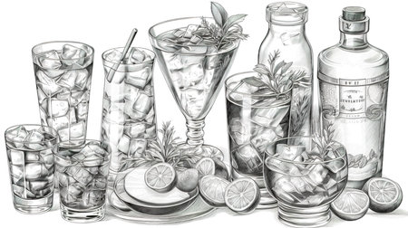 Hand drawn set of strong alcoholic drinks with ice, ink sketch.の素材