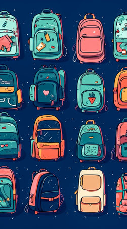 Large set of backpacks isolated on blue background, cartoon flat style.の素材