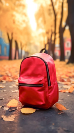 Red school backpack on blurred background of autumn forest, back to school concept.の素材