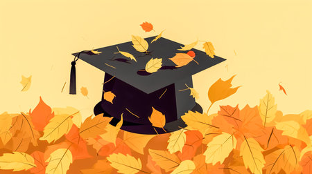 Graduation cap with autumn leaves on a yellow background, flat design, generative AI.の素材