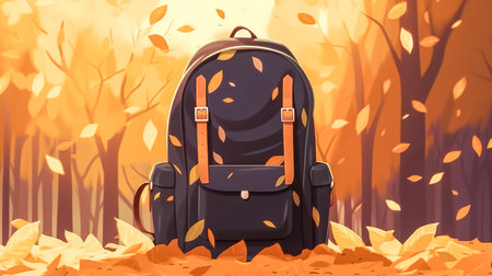 School backpack on autumn leaves background, back to school concept.の素材