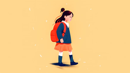 Sad schoolgirl with backpack is going to school, flat illustration, back to school concept.の素材