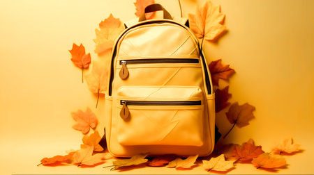 School backpack with autumn leaves on a yellow background, back to school.の素材