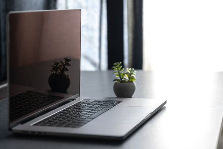 Laptop on the desktop on a blurred background.