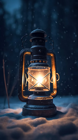 Old lantern in the night in the forest at winter season, ancient lamp, lighting by the old-fashioned method.の素材