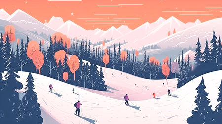 People go skiing in the winter in the snowy mountains, winter snowy landscape, people enjoy their rest.の素材