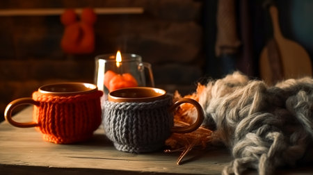 Cozy winter cups with a knitted element on a blurred background in the interior of the room.の素材