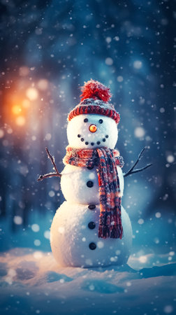 Cheerful snowman in the winter forest on a blurred snowy background.の素材