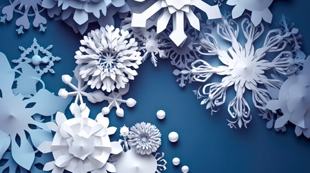 Snowflakes made from paper on a blue background, greeting card design.の素材