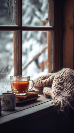 Winter composition with a cup and a knitted element on the windowsill by the window.の素材