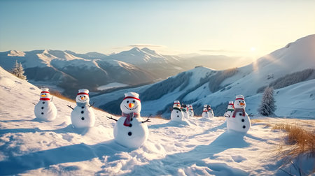 Cheerful snowmans in the winter mountains on a blurred snowy nature background.の素材