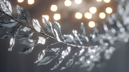 Leaves covered in silver on a tree against a blurred background with bokeh.の素材