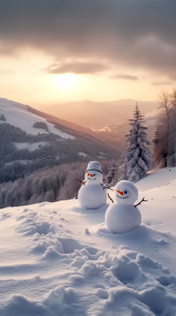 Cheerful snowmans in the winter mountains on a blurred snowy nature background.の素材