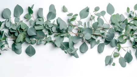 Eucalyptus branch and leaves frame border isolated on white background.の素材