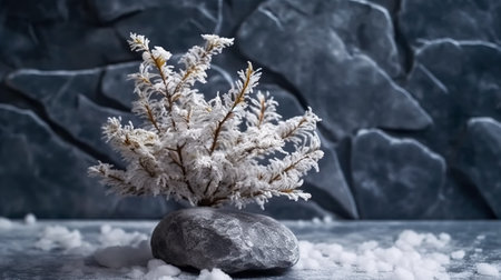 Christmas tree branch covered with snow on concrete background, winter still life.の素材