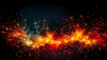 Abstract dark background with orange flash of light, abstract dark lights of fiery glitter particles.の素材