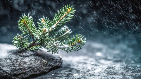 Christmas tree branch covered with snow on concrete background, winter still life.の素材