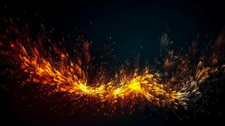 Abstract dark background with orange flash of light, abstract dark lights of fiery glitter particles.の素材