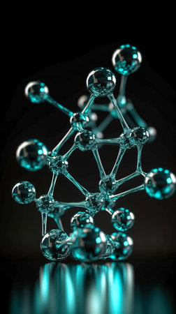 Abstract blue connected glass bubbles molecule background, molecular structure at the atomic level.の素材