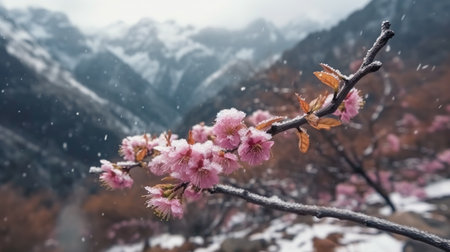 Pink flowers on a tree branch in cold snowy weather in the mountains.の素材