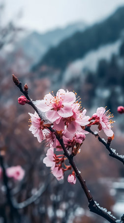 Pink flowers on a tree branch in cold snowy weather in the mountains.の素材