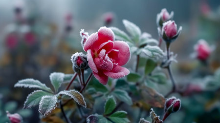 Red roses covered with frost early in the morning in the winter garden.の素材