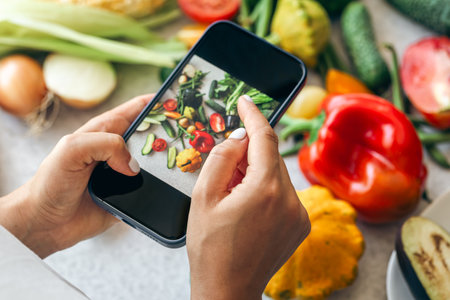 A woman takes a photo of vegetables on a smartphone.の写真素材