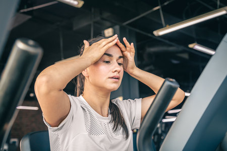 A young woman tired after intense workout on the exercise bike at the gym.の写真素材