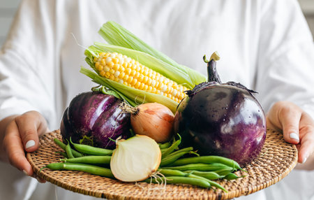 A woman holds a plate with eggplant, onion, corn and green beans, close-up.の写真素材