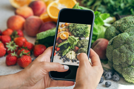 A woman takes a photo of vegetables on a smartphone.の写真素材